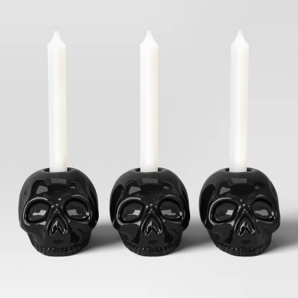 Threshold Halloween Black Skull Candle Taper Holders 3pk Fall Target